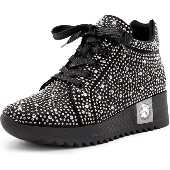 Shoes - Women's Black Glitter Trendy Sequin Rhinestone High Top Sneakers Wedge Shoes